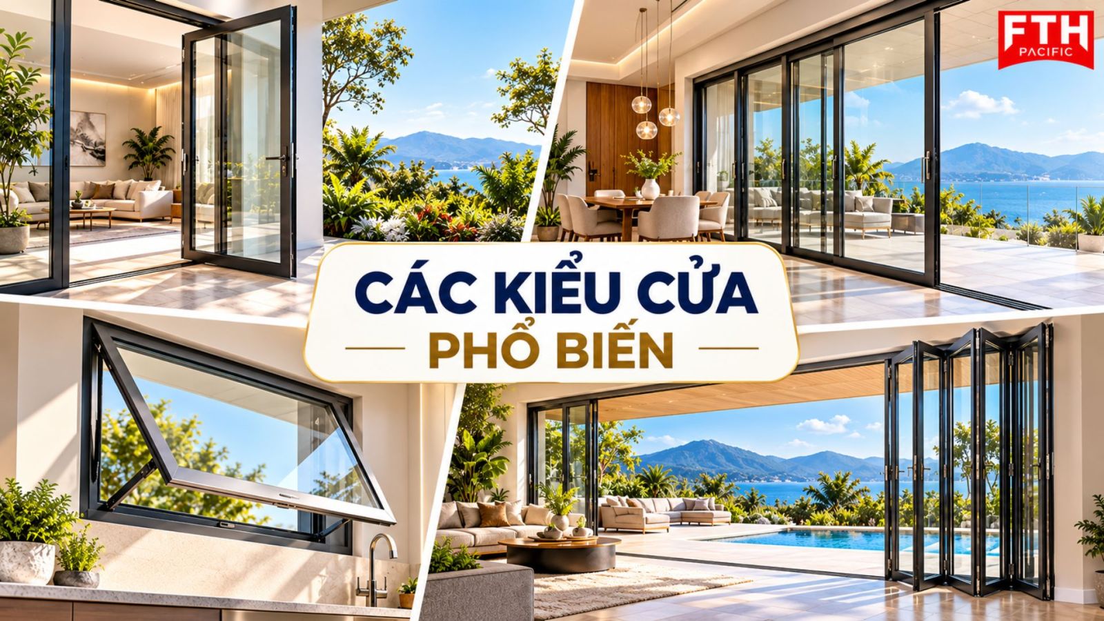Các kiểu cửa nhôm kính phổ biến gồm mở quay, mở hất, trượt và xếp trượt, phù hợp với những nhu cầu không gian khác nhau.
